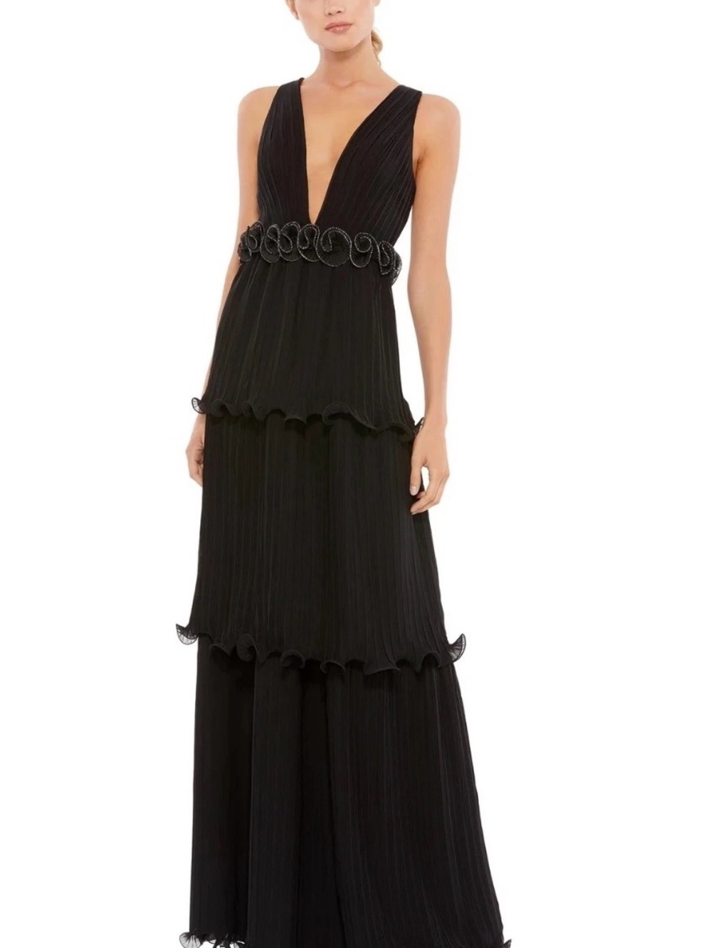 Mac Duggal Elegant Black Tiered V-Neck Evening Dress